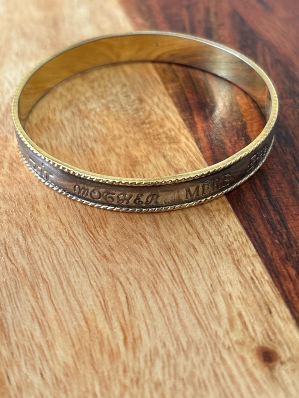 Vintage Two-tone Multilingual MOTHER Bangle Braclet with Rope Trim